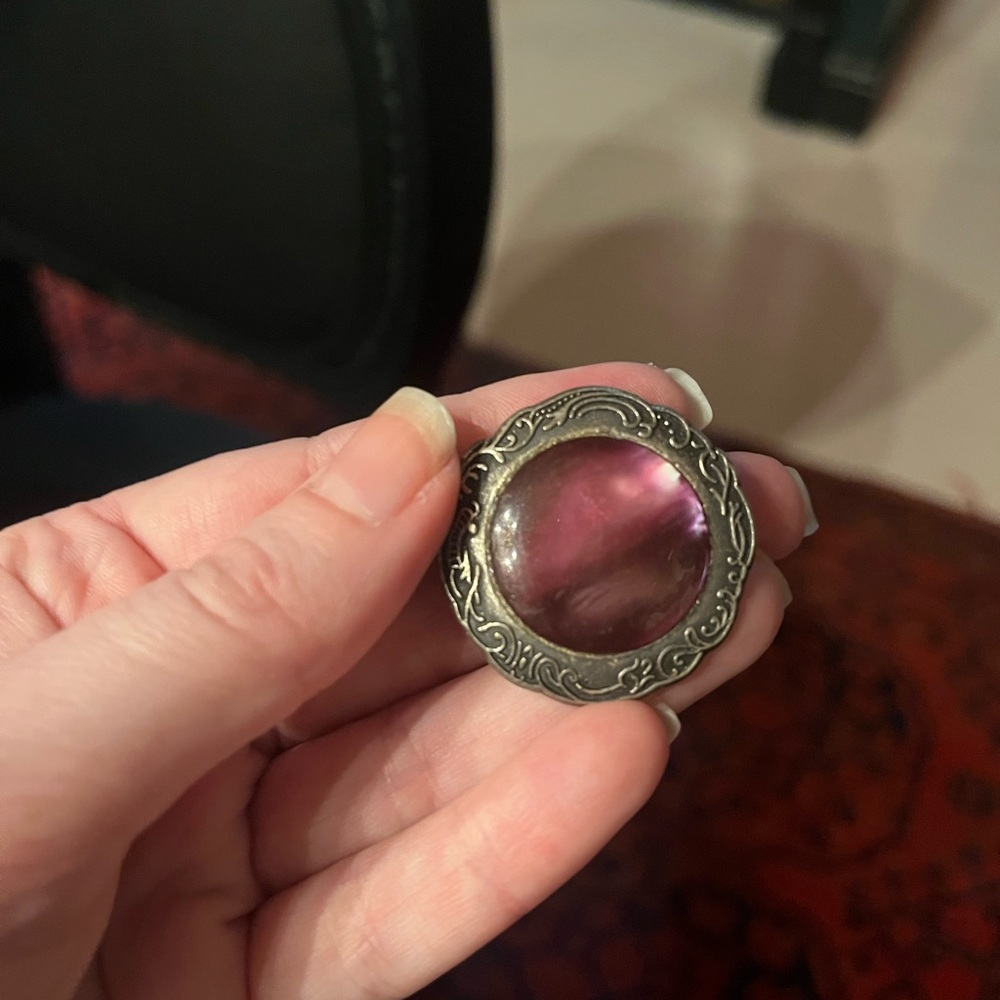 Vintage Silver Tone Brooch with center purple stone
